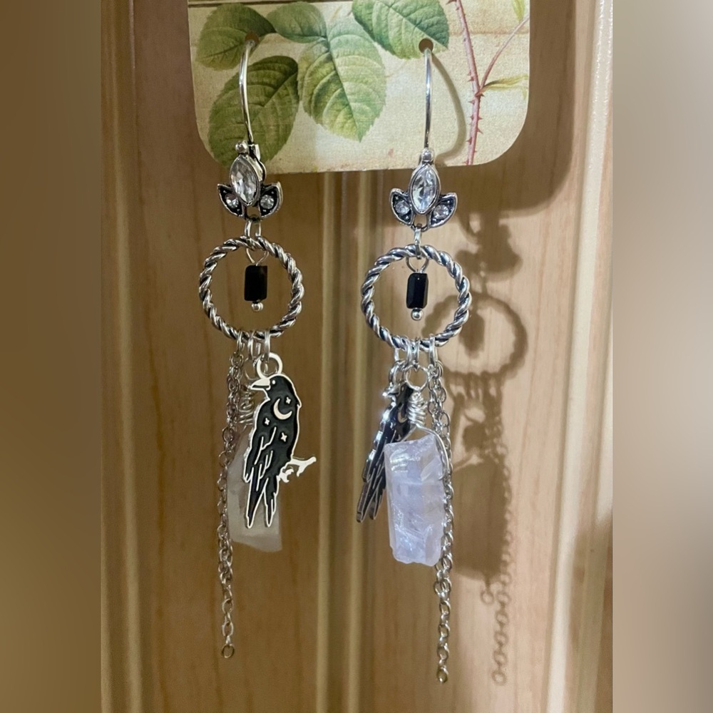 Silver and Black Raven Dangle Earrings - Picture 4 of 6